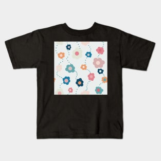 Pink, Blue  and Orange Vintage Daisy Repeat Pattern Kids T-Shirt